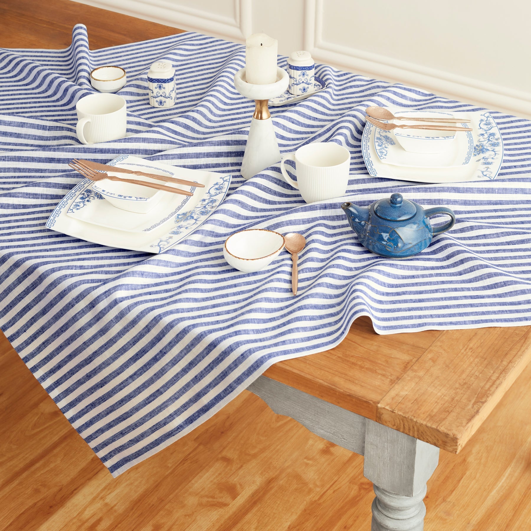 Amalfi Stripe Table Throw Navy & White 52 x 52 Inch