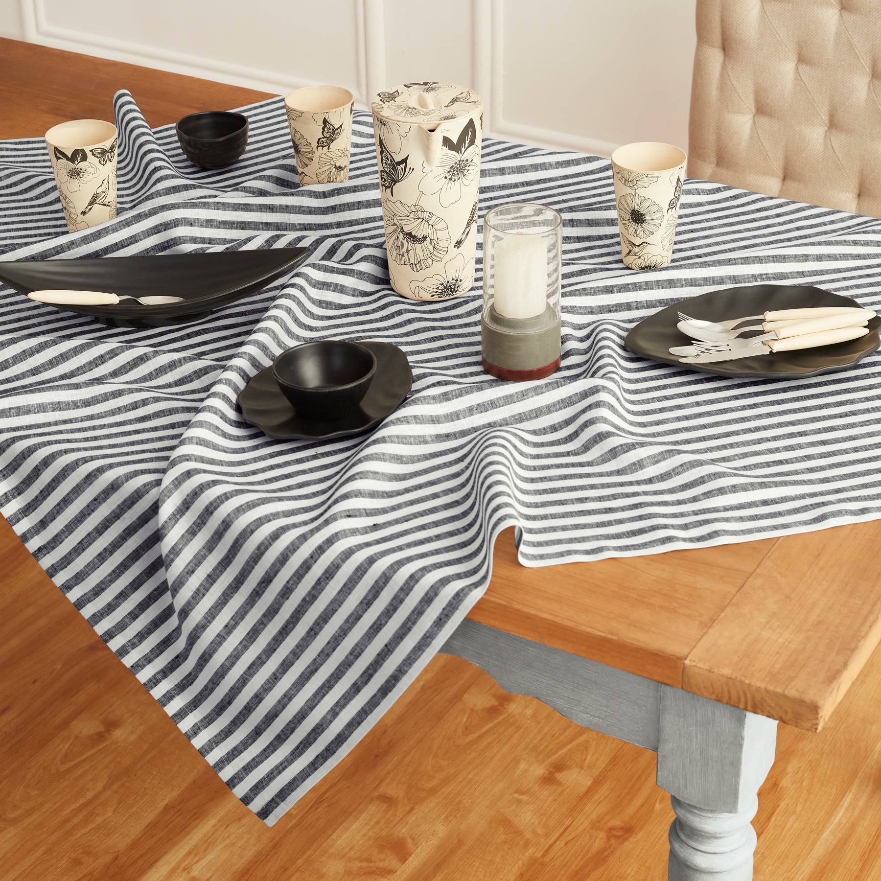 Amalfi Stripe Table Throw Black & White 52 x 52 Inch