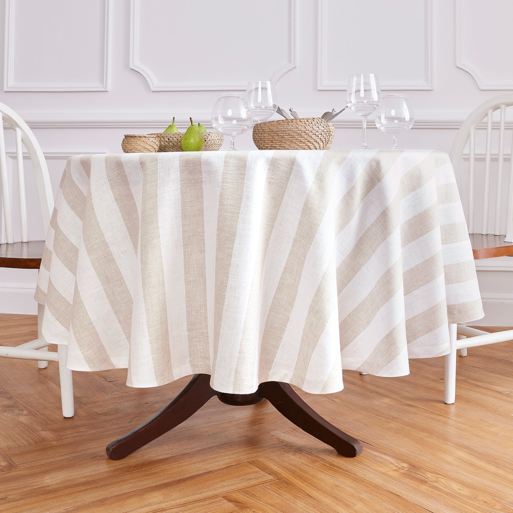 Cabana Stripe Round Tablecloth Natural and White Cabana Stripe