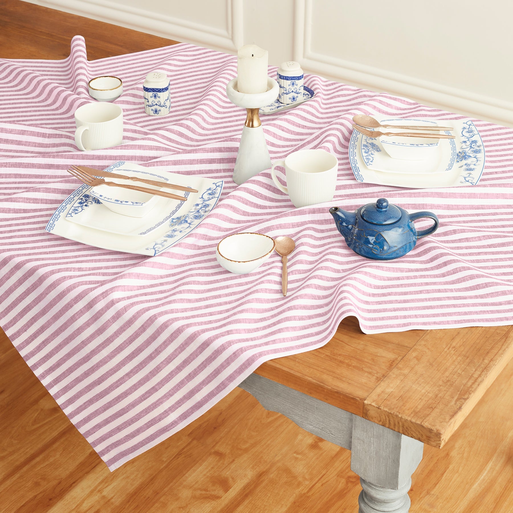 Amalfi Stripe Table Throw Cherry Blossom & White 52 x 52 Inch