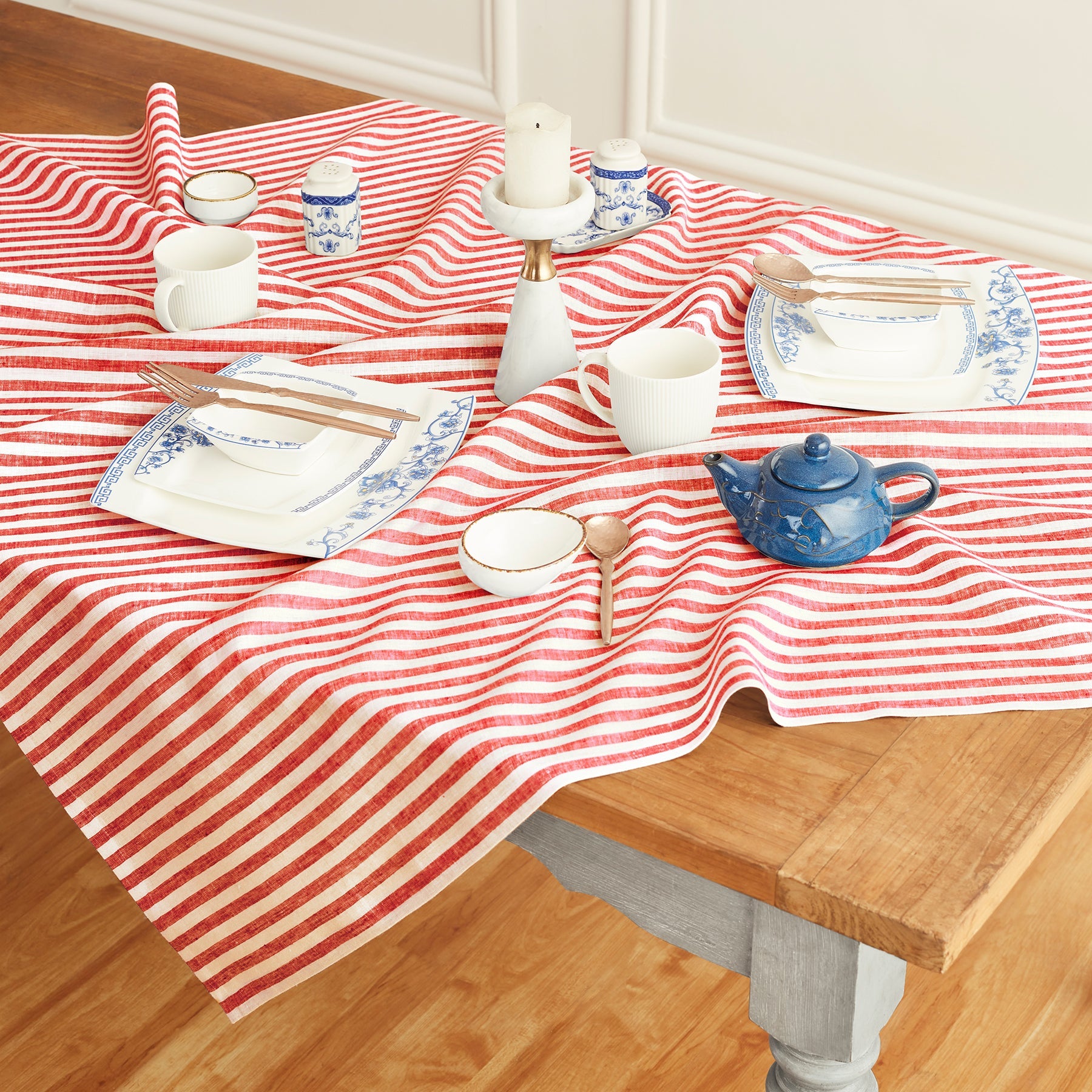 Amalfi Stripe Table Throw Red & White 52 x 52 Inch