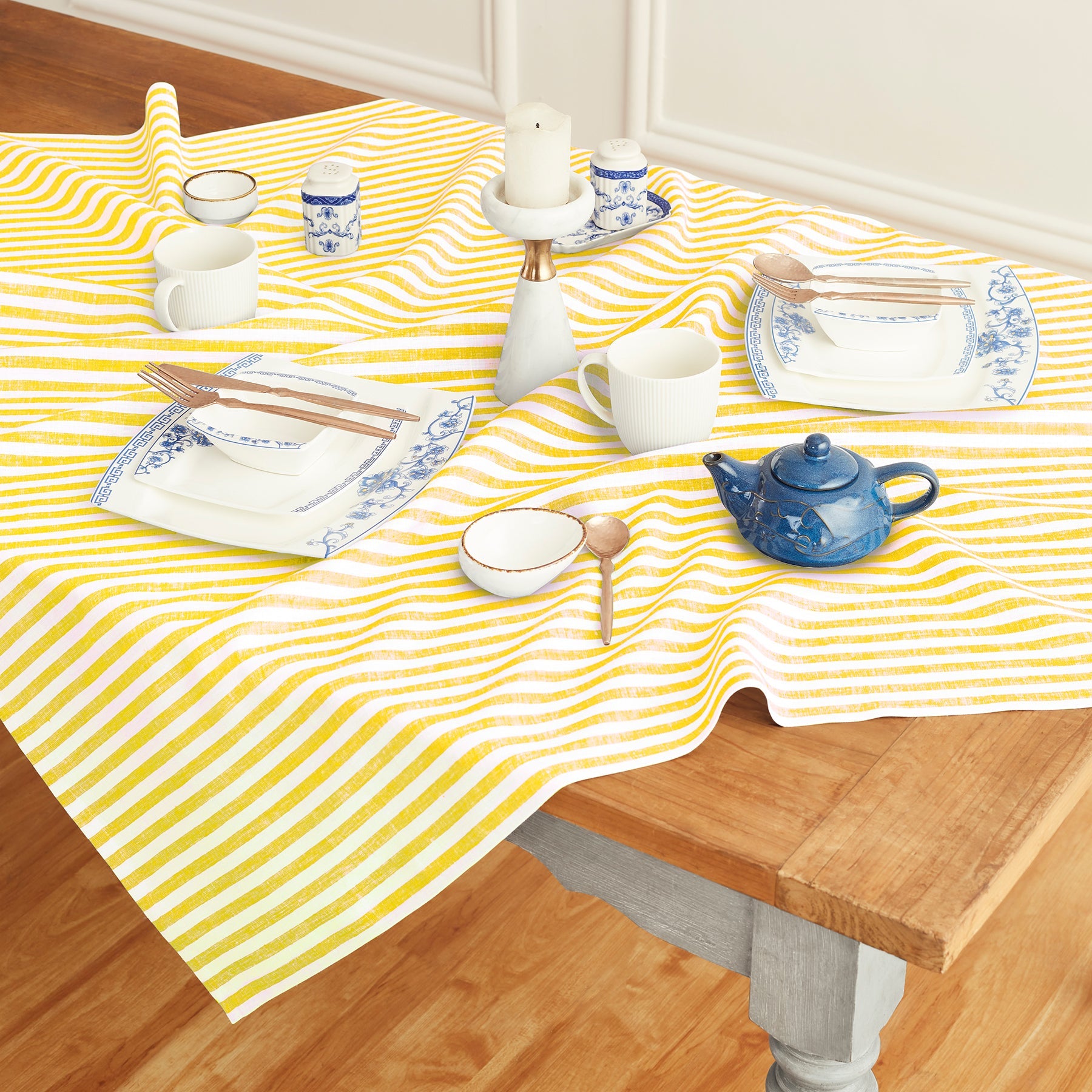 Amalfi Stripe Table Throw Primrose Yellow & White 52 x 52 Inch