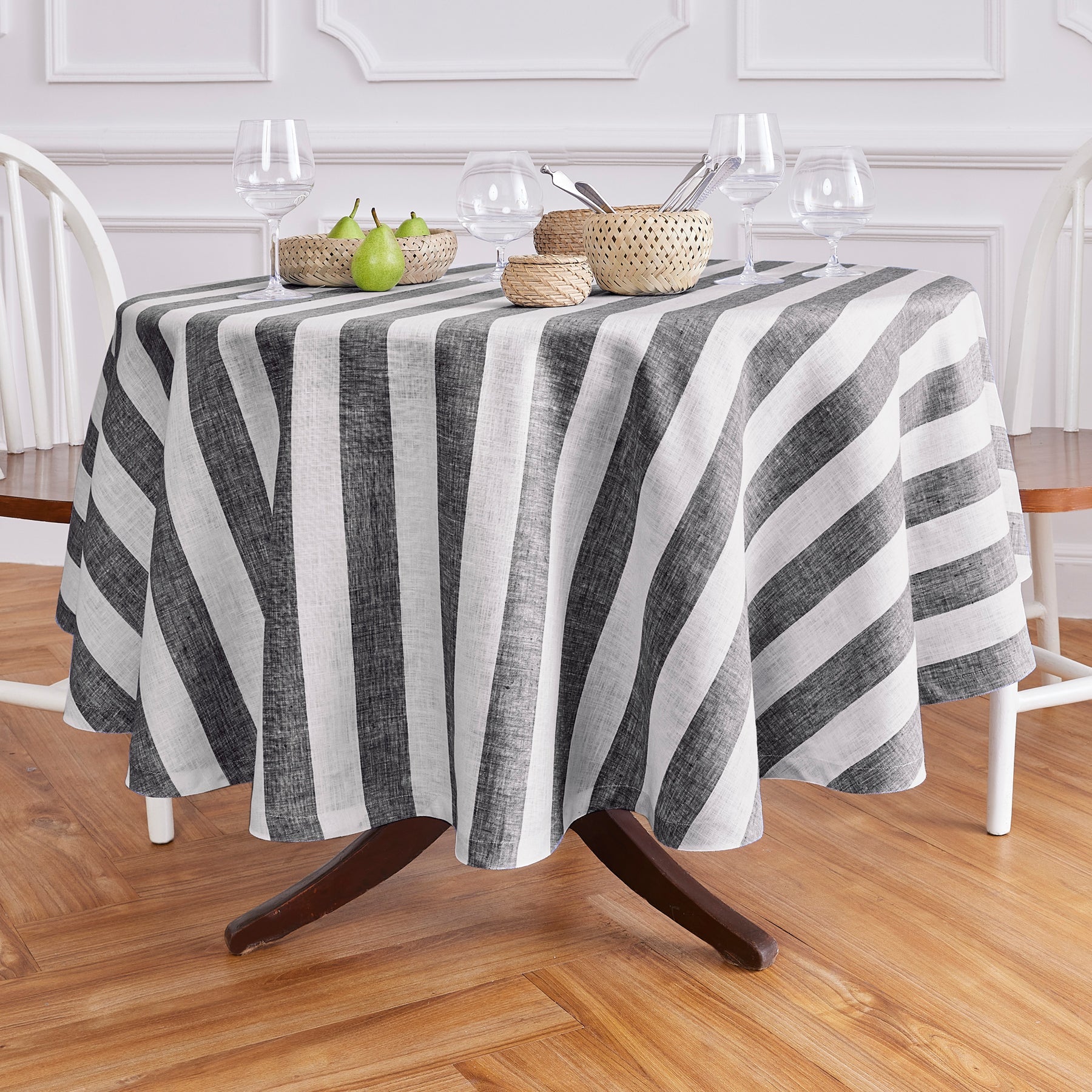 Cabana Stripe Round Tablecloth Black and White Cabana Stripe