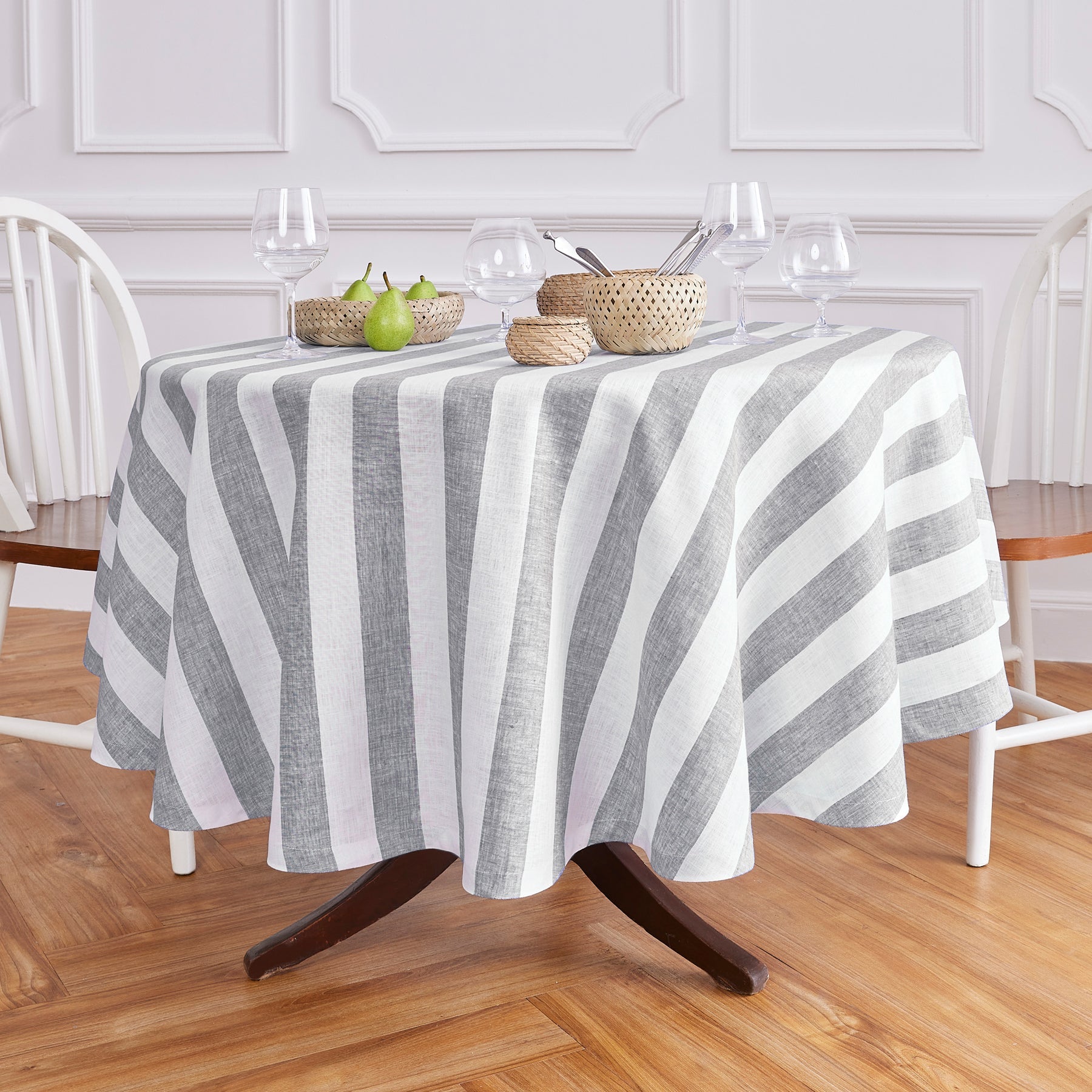 Cabana Stripe Round Tablecloth Grey and White Cabana Stripe