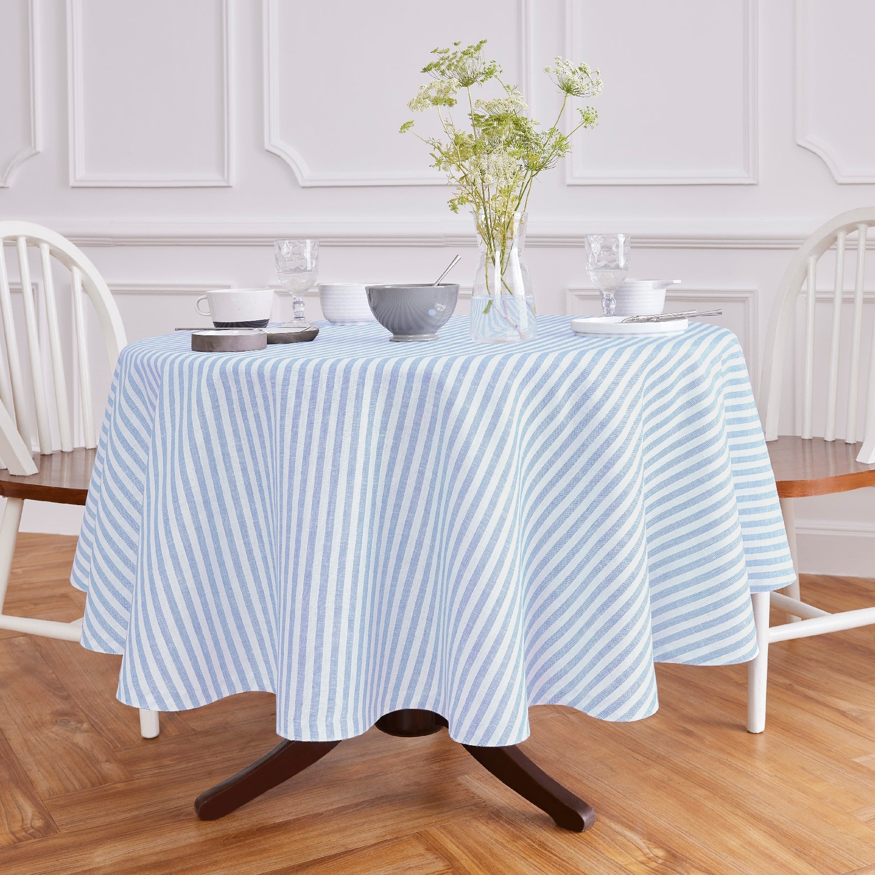 Amalfi Stripe Round Tablecloth Sky Blue & White