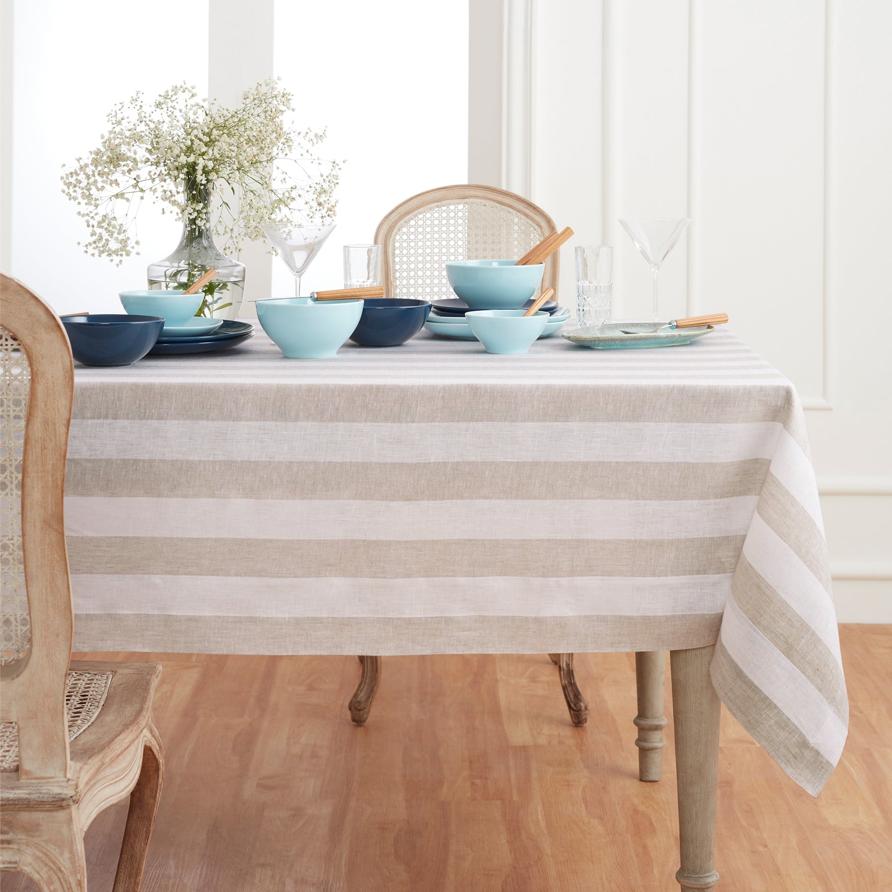 Cabana Stripe Tablecloth Natural and White Cabana Stripe