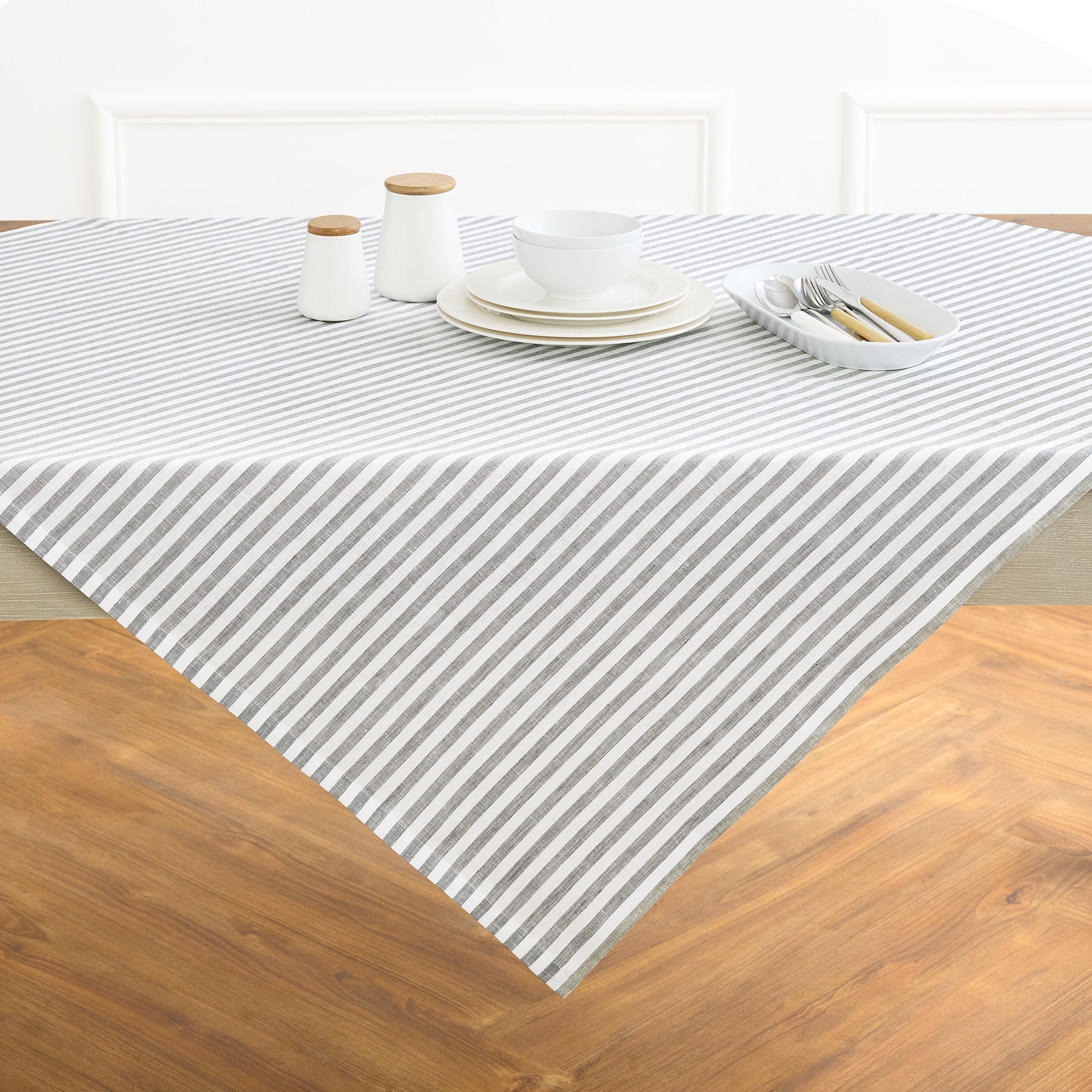 Amalfi Stripe Table Throw Grey & White 52 x 52 Inch