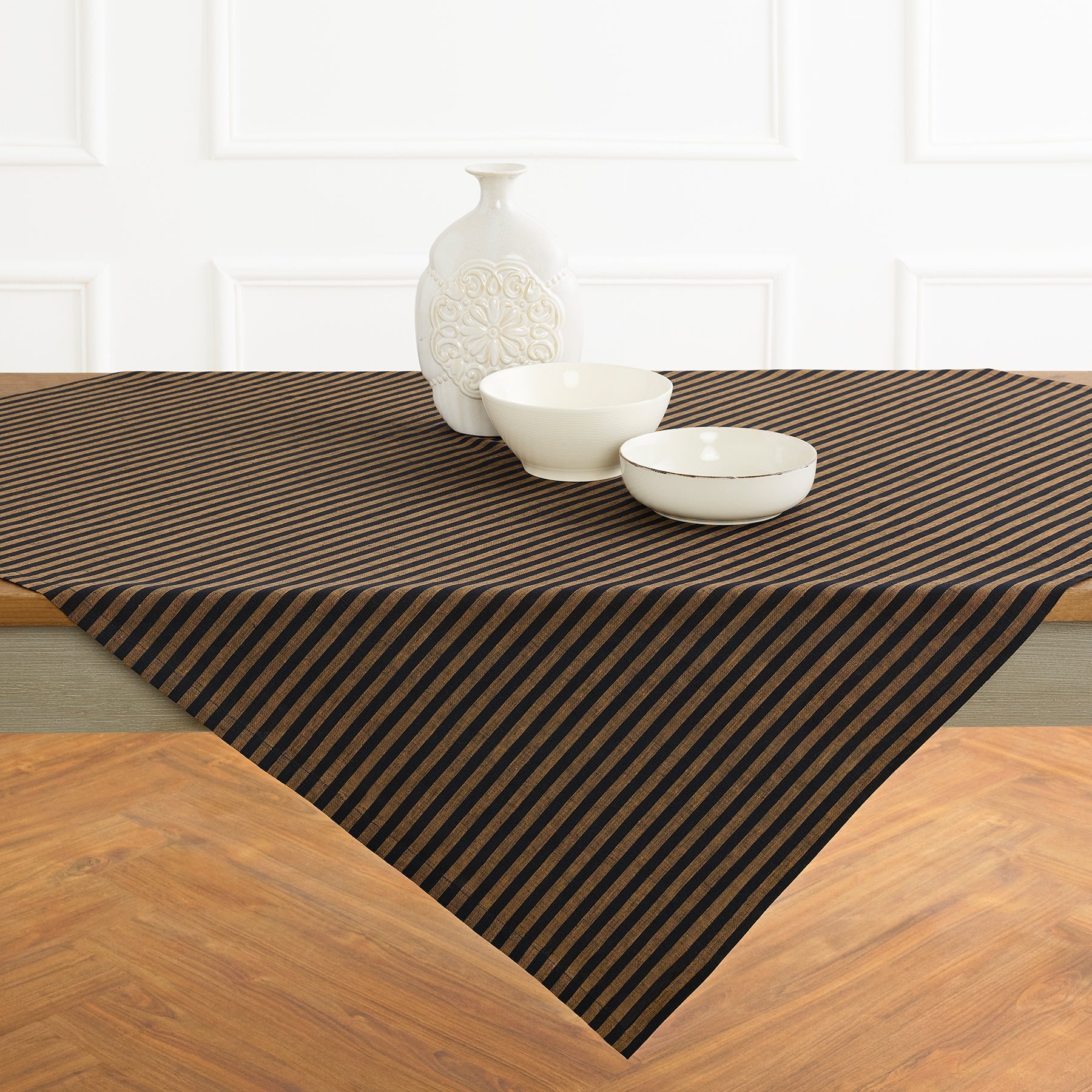 Amalfi Stripe Table Throw Brown Sugar & Black 52 x 52 Inch