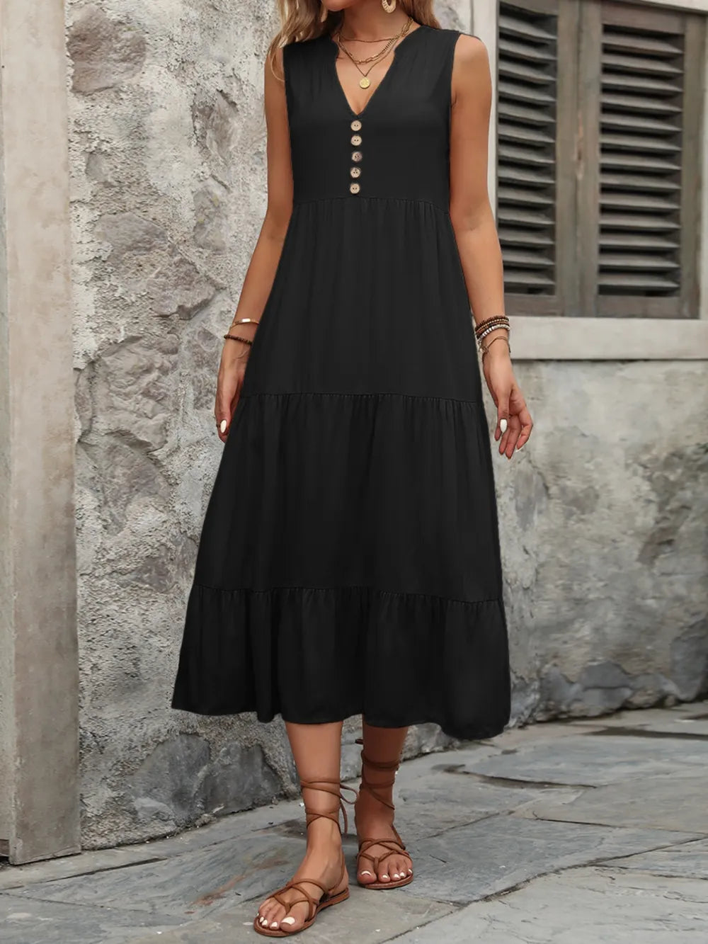 Ivy Lane Decorative Button Notched Sleeveless Dress Black