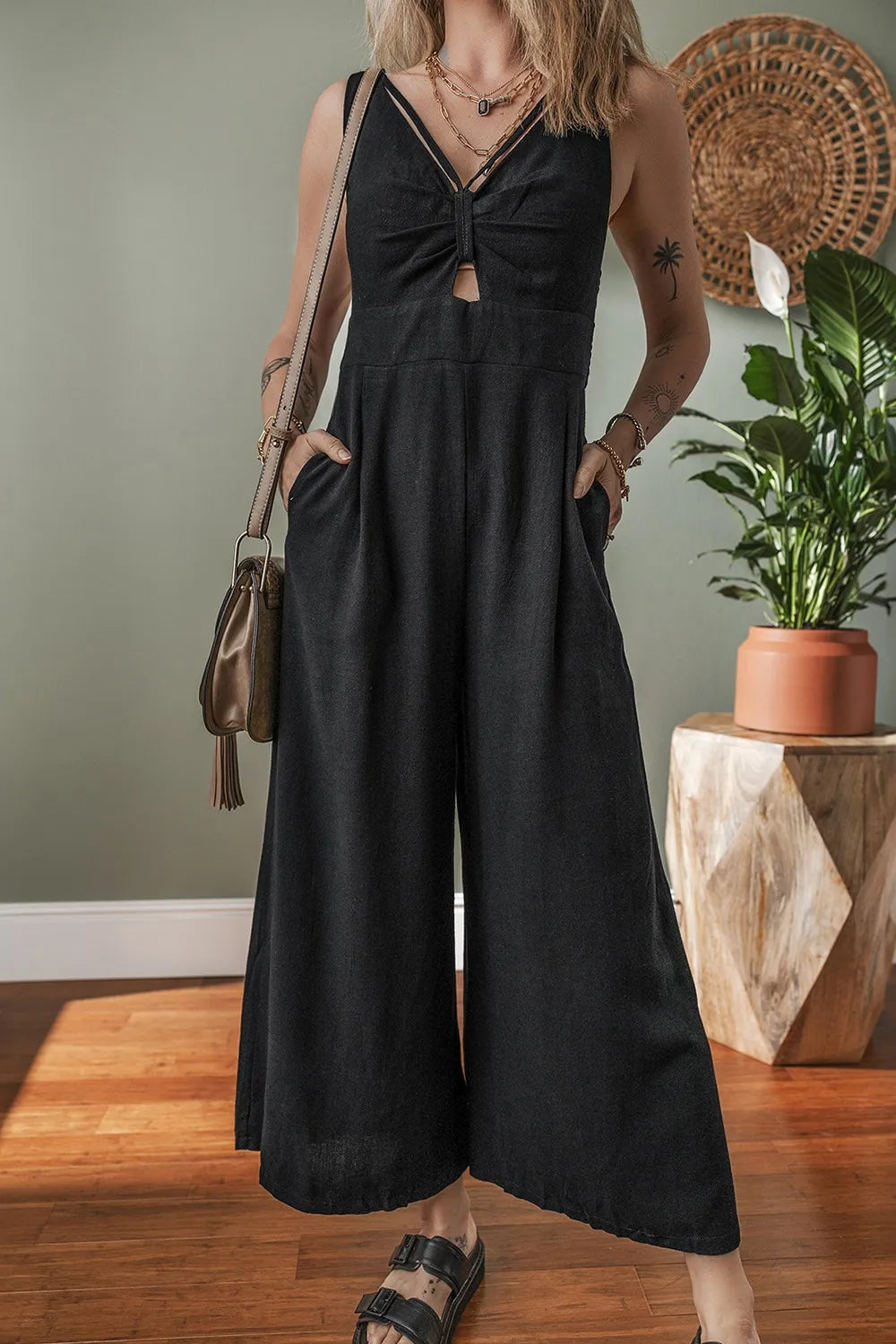 Front Cut Out Smocked Back Sleeveless Wide Leg Jumpsuit