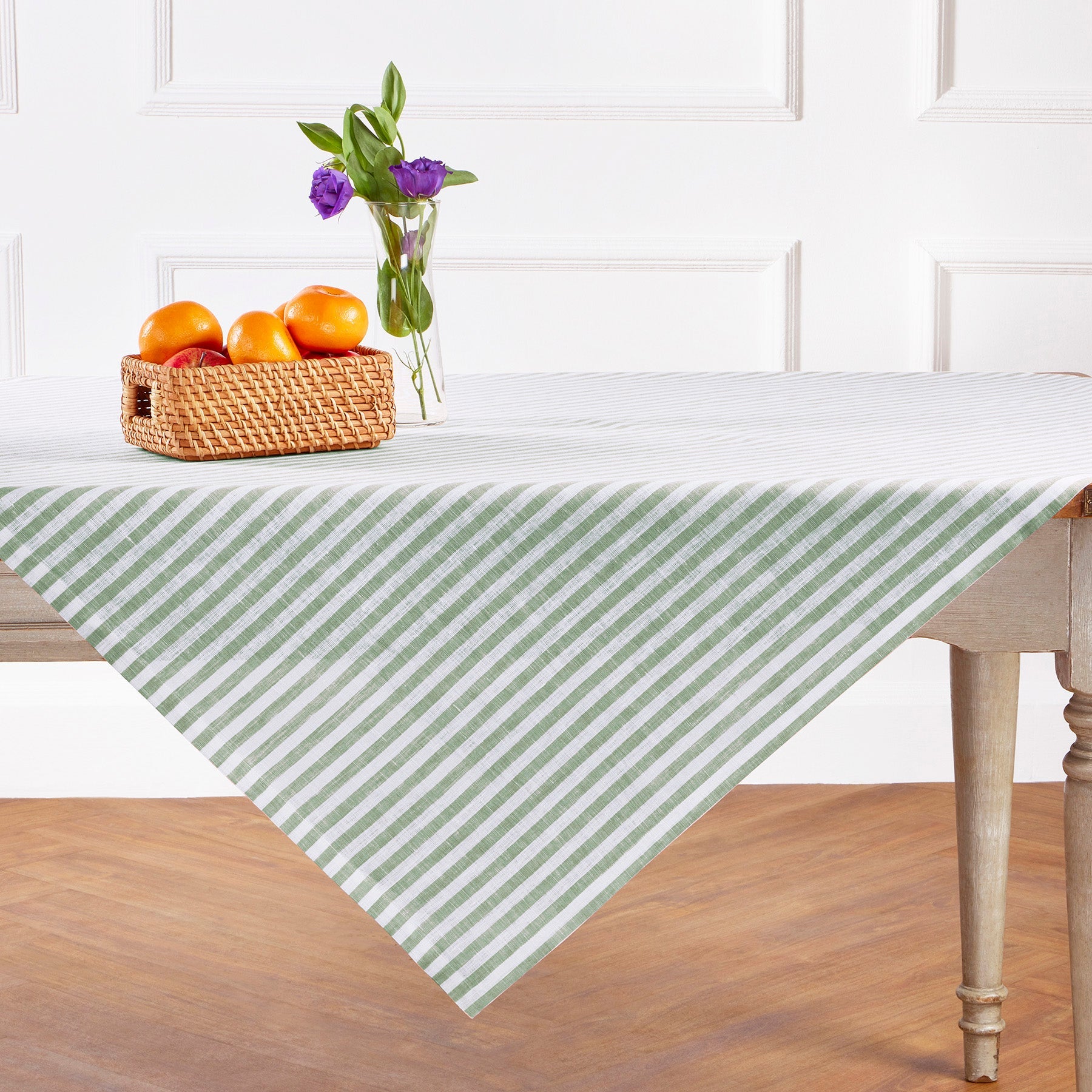 Amalfi Stripe Table Throw Green & White 52 x 52 Inch