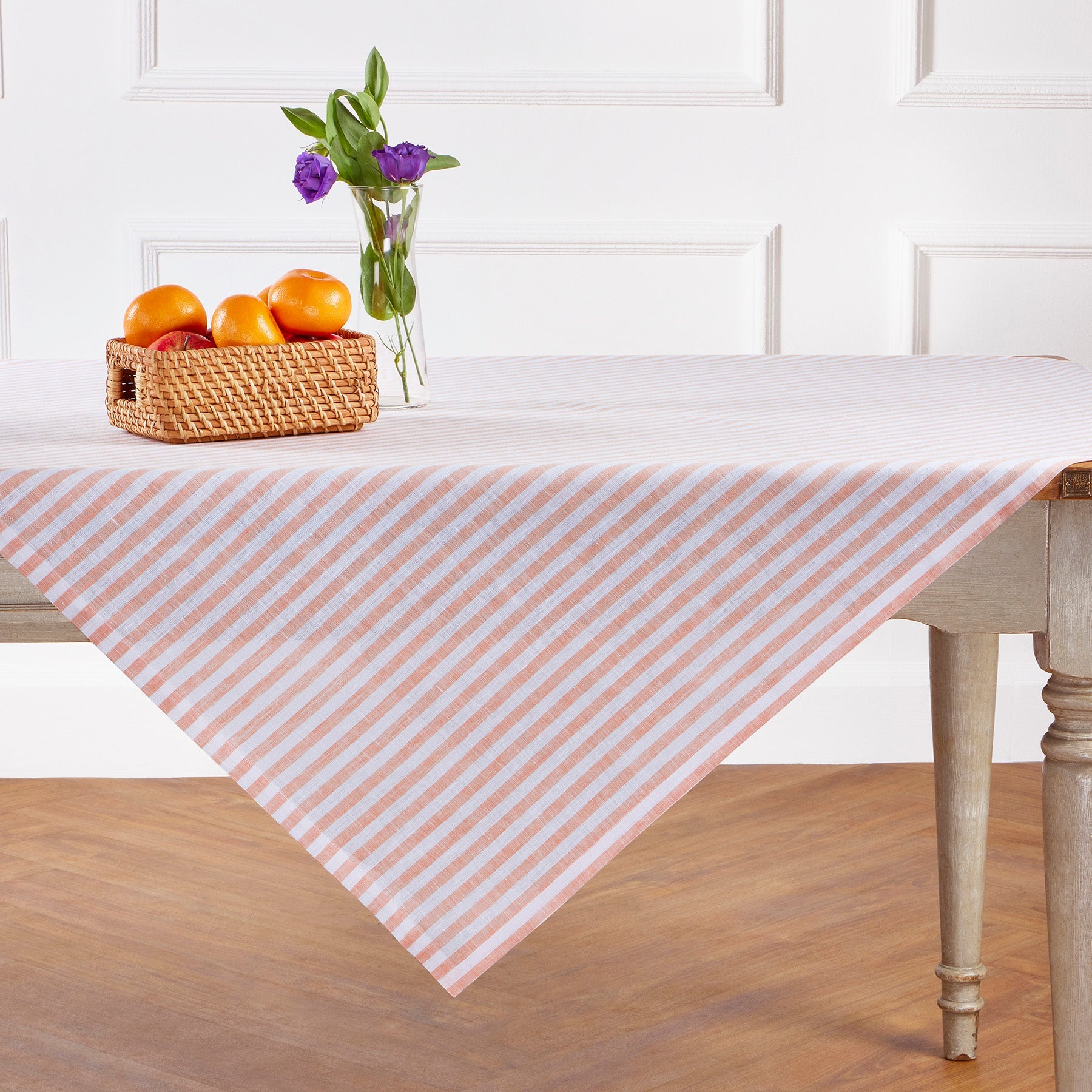 Amalfi Stripe Table Throw Coral & White 52 x 52 Inch