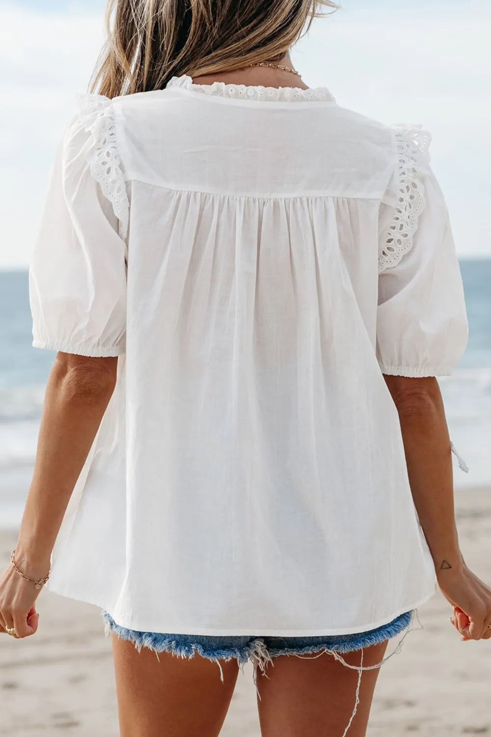 Lace Patchwork Tie Neck Short Sleeve Blouse