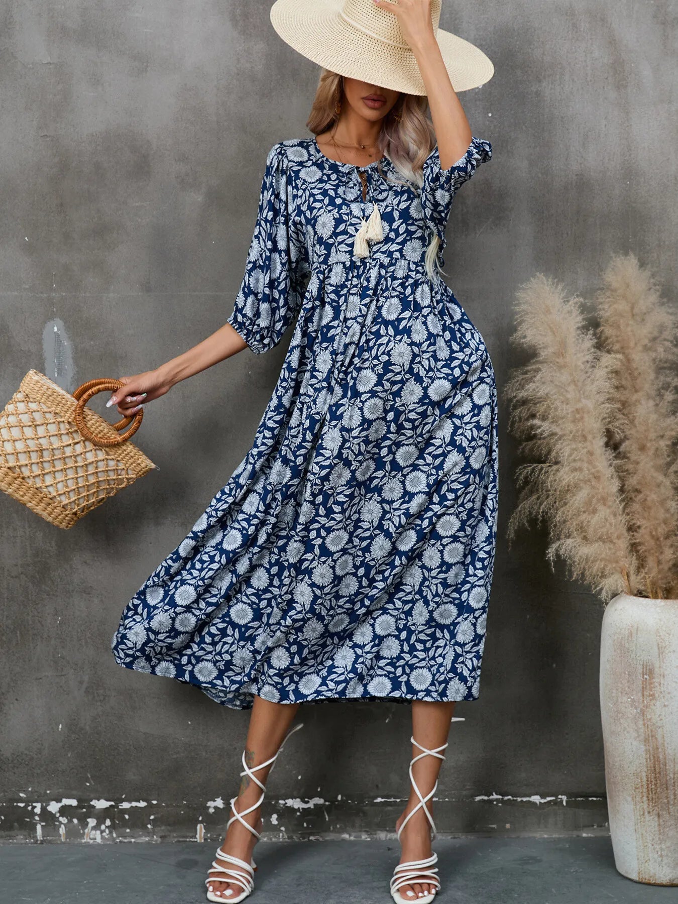 Printed Tie Neck Midi Dress