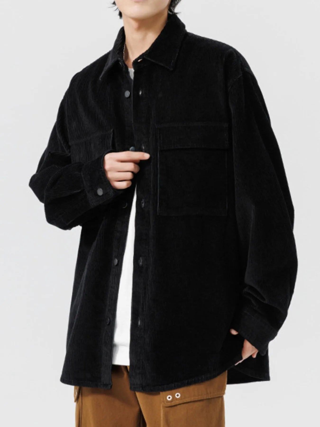 Men's Plus Size Oversized Button Up Corduroy Shirt Black