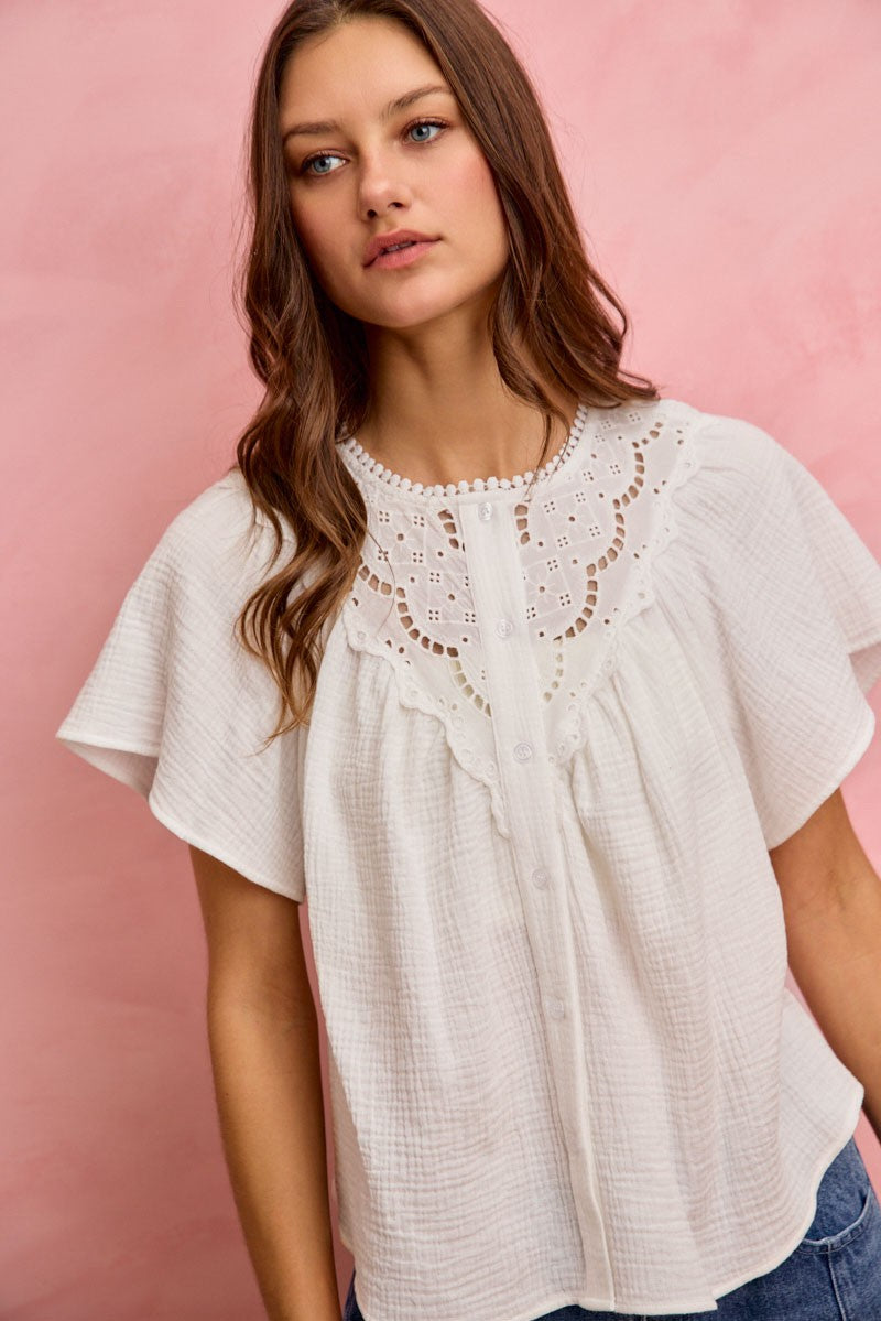 SO ME Cotton Gauze Lace Trim Flutter Sleeves Blouse Top