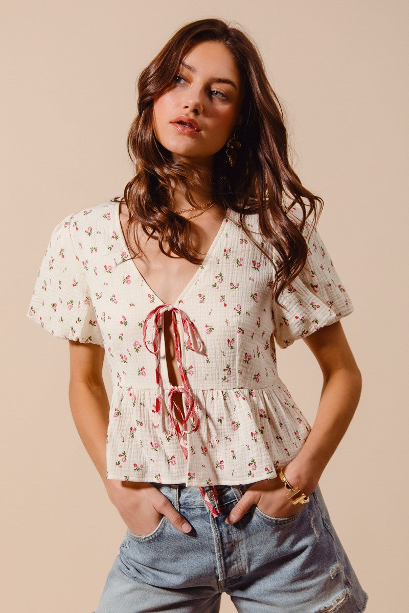 SO ME Ditsy Floral Print Gauze Tie-Front Blouse