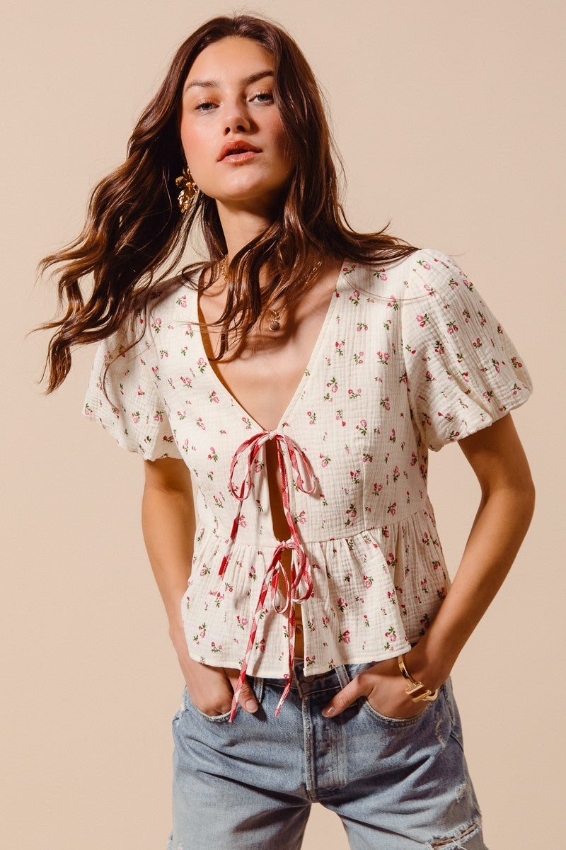SO ME Ditsy Floral Print Gauze Tie-Front Blouse IVORY RED CHECK