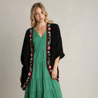 Umgee Embroidery Open Front Kimono with Pleated Shoulder Detail Black