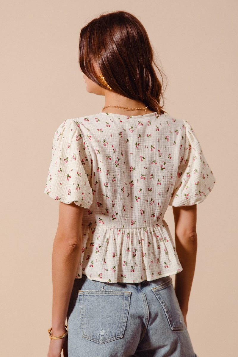 SO ME Ditsy Floral Print Gauze Tie-Front Blouse