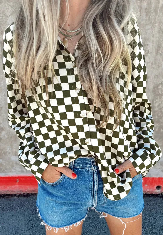 Checkered Collared Neck Long Sleeve Shirt Black Forest
