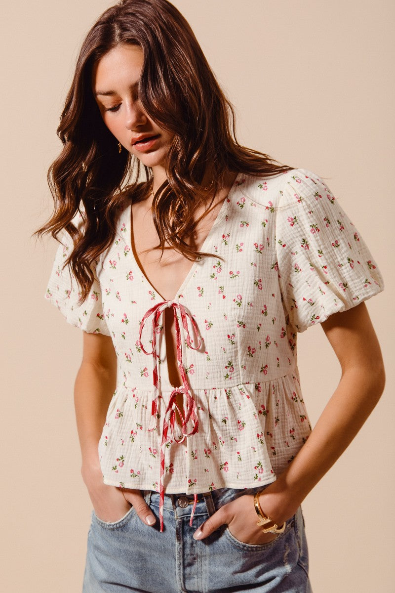 SO ME Ditsy Floral Print Gauze Tie-Front Blouse