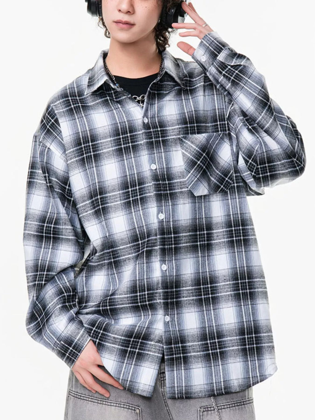 Men's Oversized Plaid Button Up Shirt Blue
