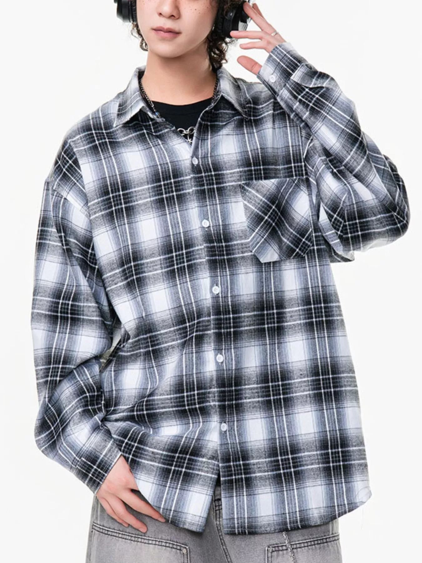 Men's Oversized Plaid Button Up Shirt Blue