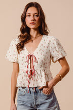 SO ME Ditsy Floral Print Gauze Tie-Front Blouse