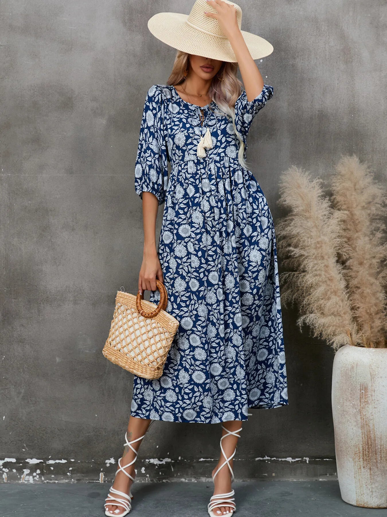 Printed Tie Neck Midi Dress Navy