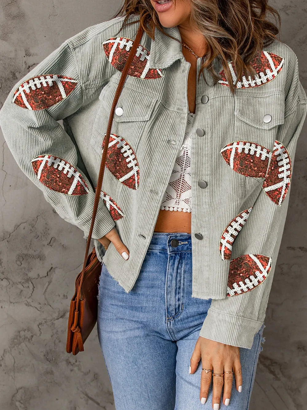 Football Sequin Button Up Dropped Shoulder Jacket Sage