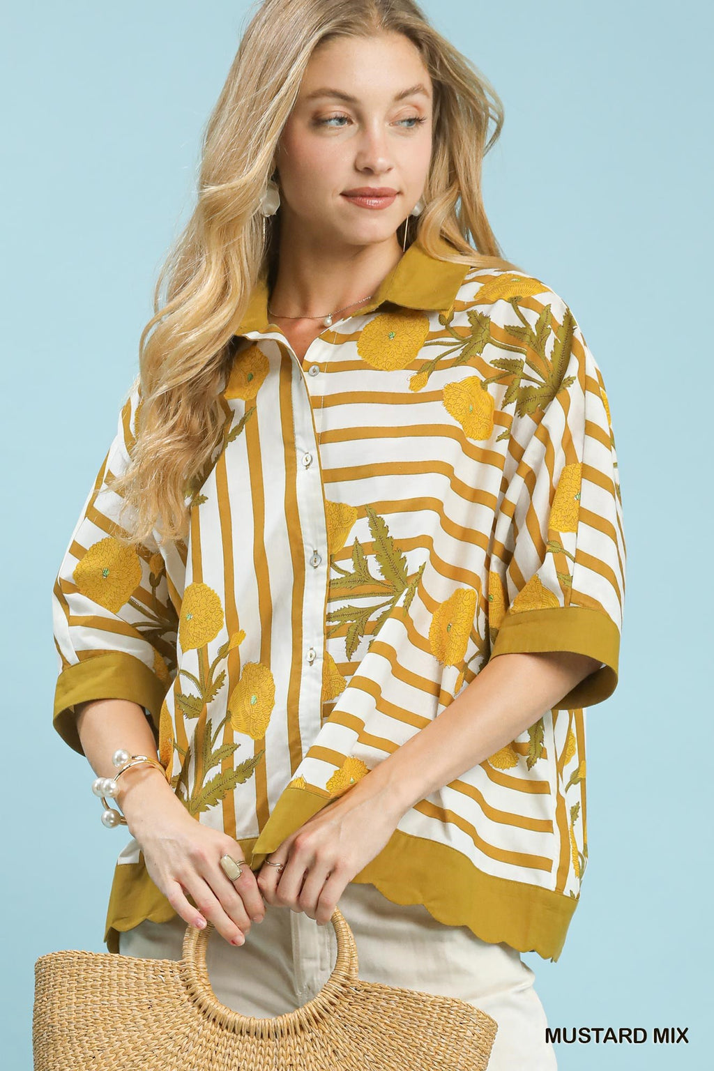 Umgee Mix Floral Stripe Button Down Top MUSTARD MIX