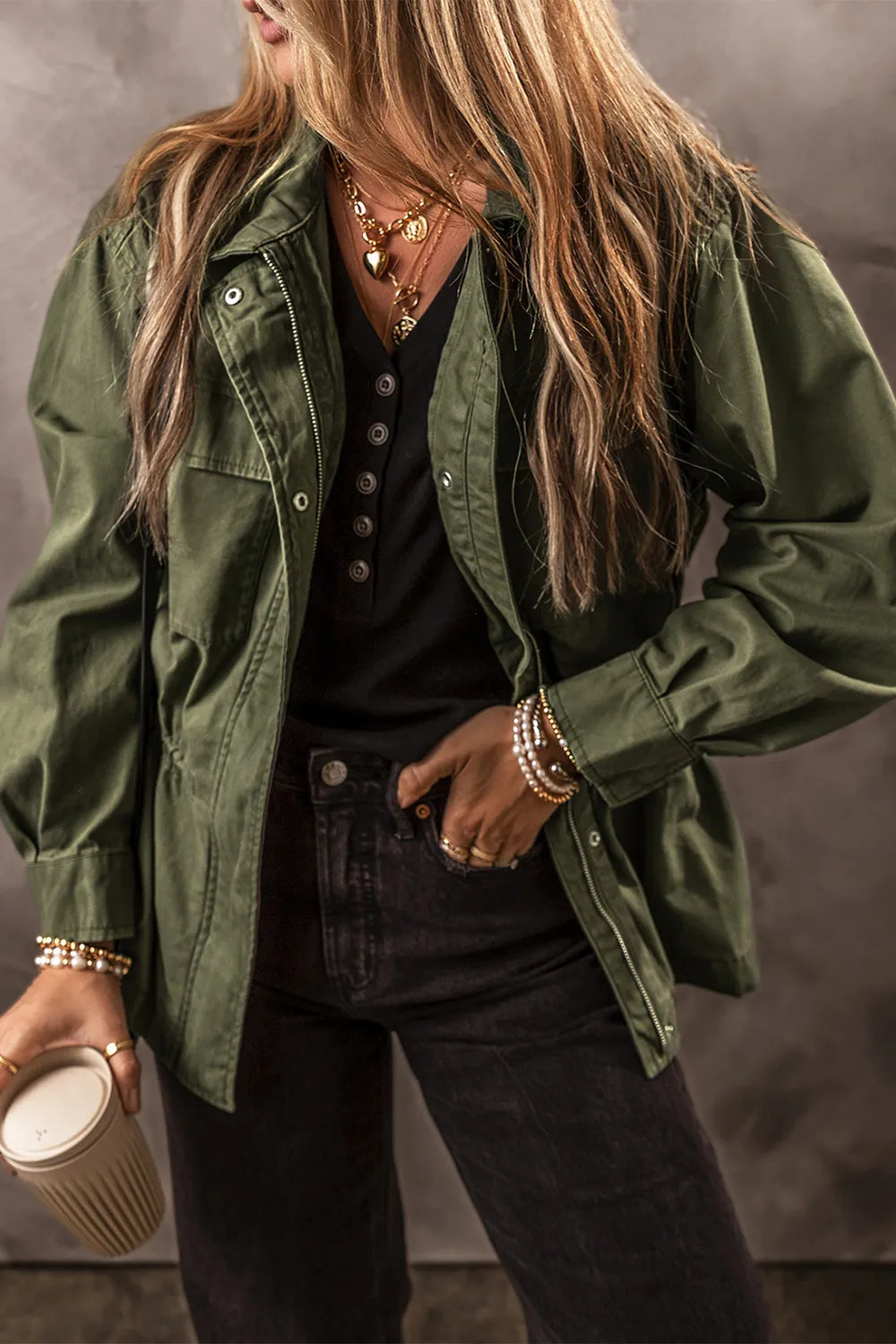 Zip Up Long Sleeve Jacket Army Green