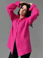 Textured Collared Neck Flounce Sleeve Shirt Hot Pink