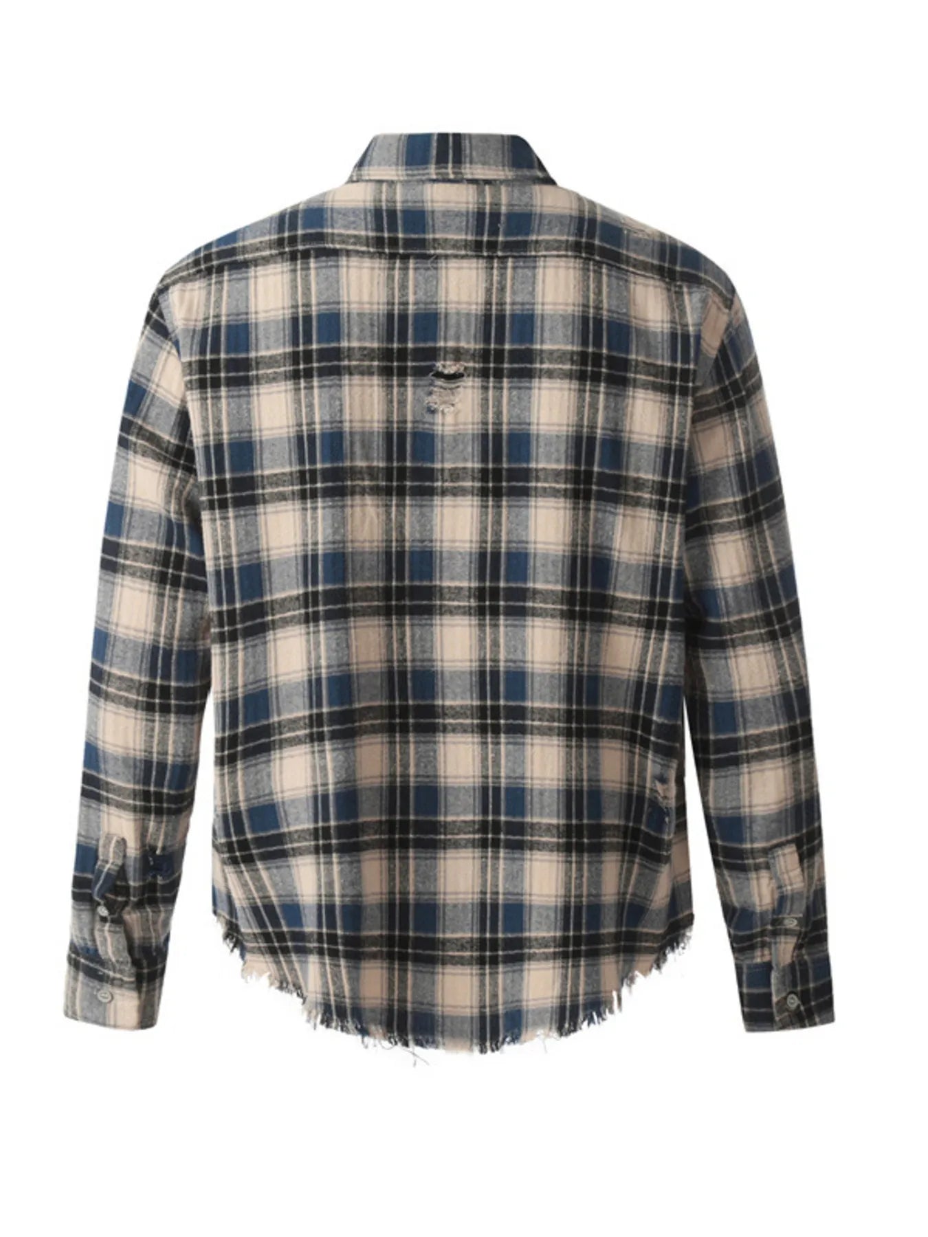 Men's Plaid Long Sleeve Shirt with Raw Hem