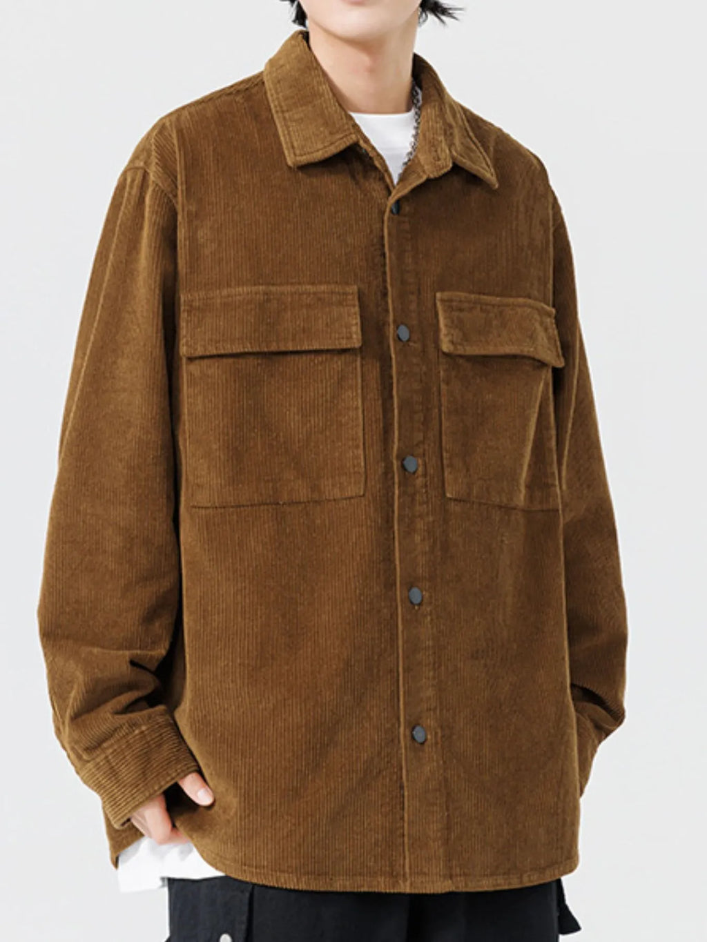 Men's Plus Size Oversized Button Up Corduroy Shirt Coffee