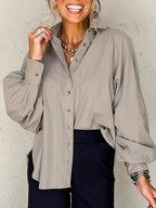 Button Up Lantern Sleeve Shirt Gray