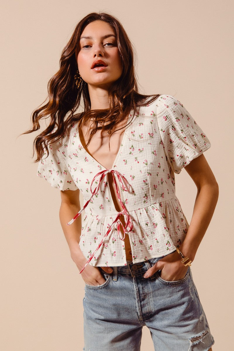 SO ME Ditsy Floral Print Gauze Tie-Front Blouse