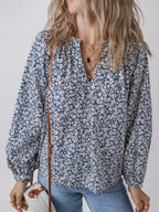 Floral Print Notched Long Sleeve Blouse Dusty Blue