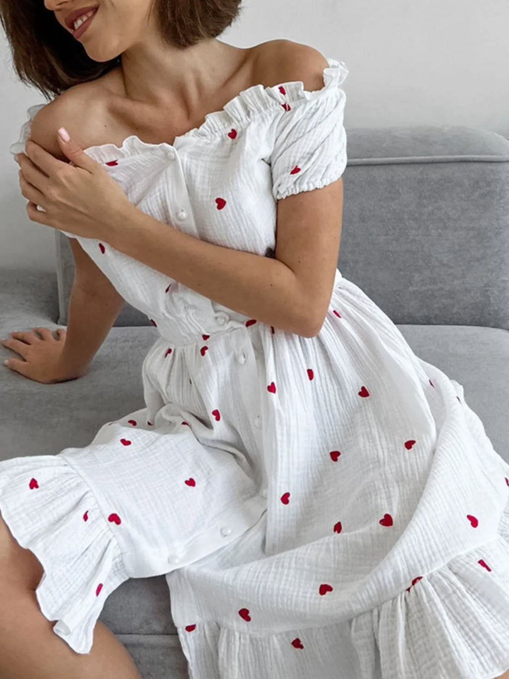 Heart Printed Off-Shoulder Ruffle Mini Dress