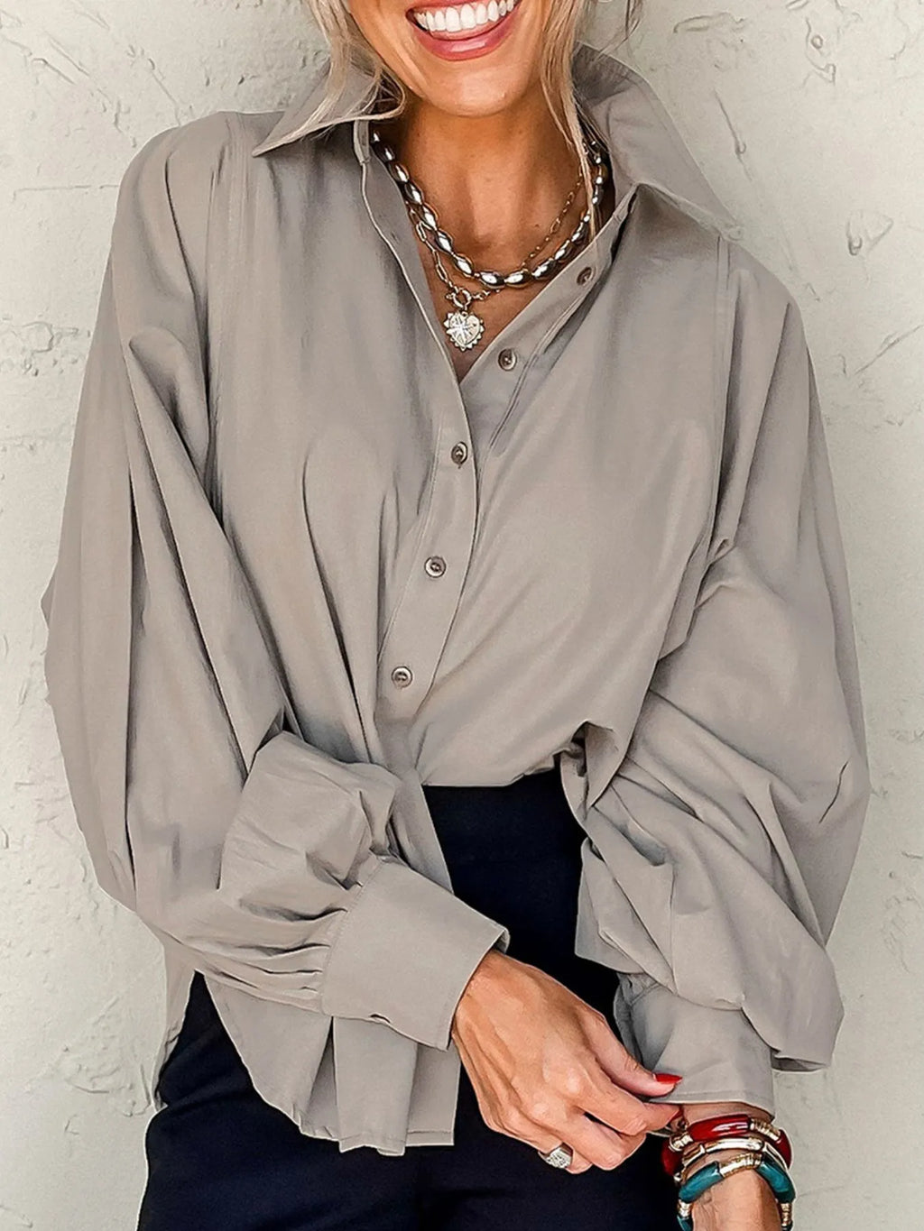 Button Up Lantern Sleeve Shirt