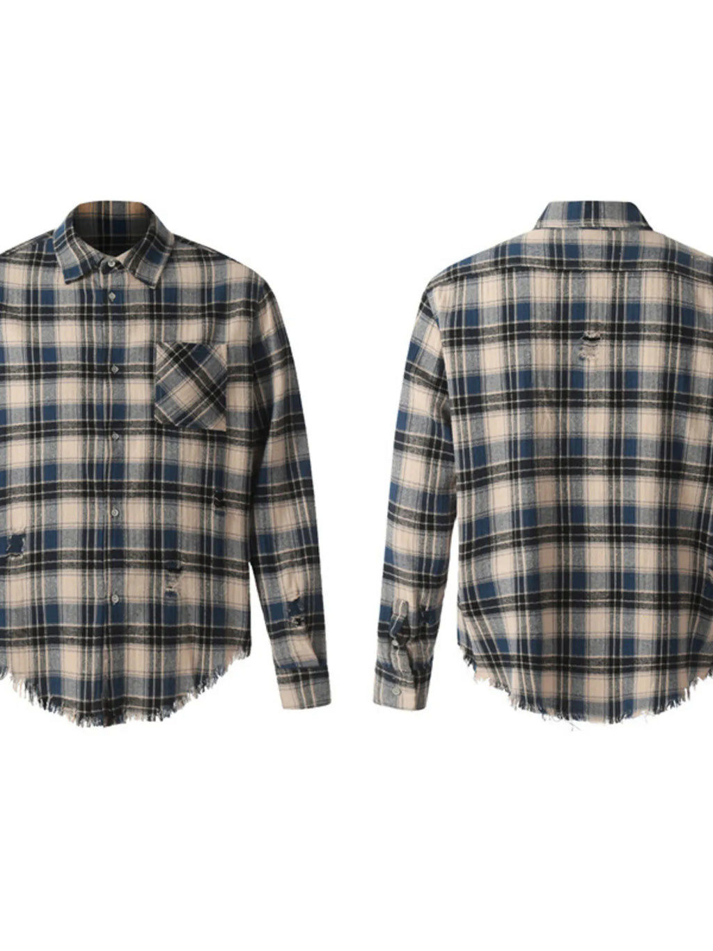 Men's Plaid Long Sleeve Shirt with Raw Hem