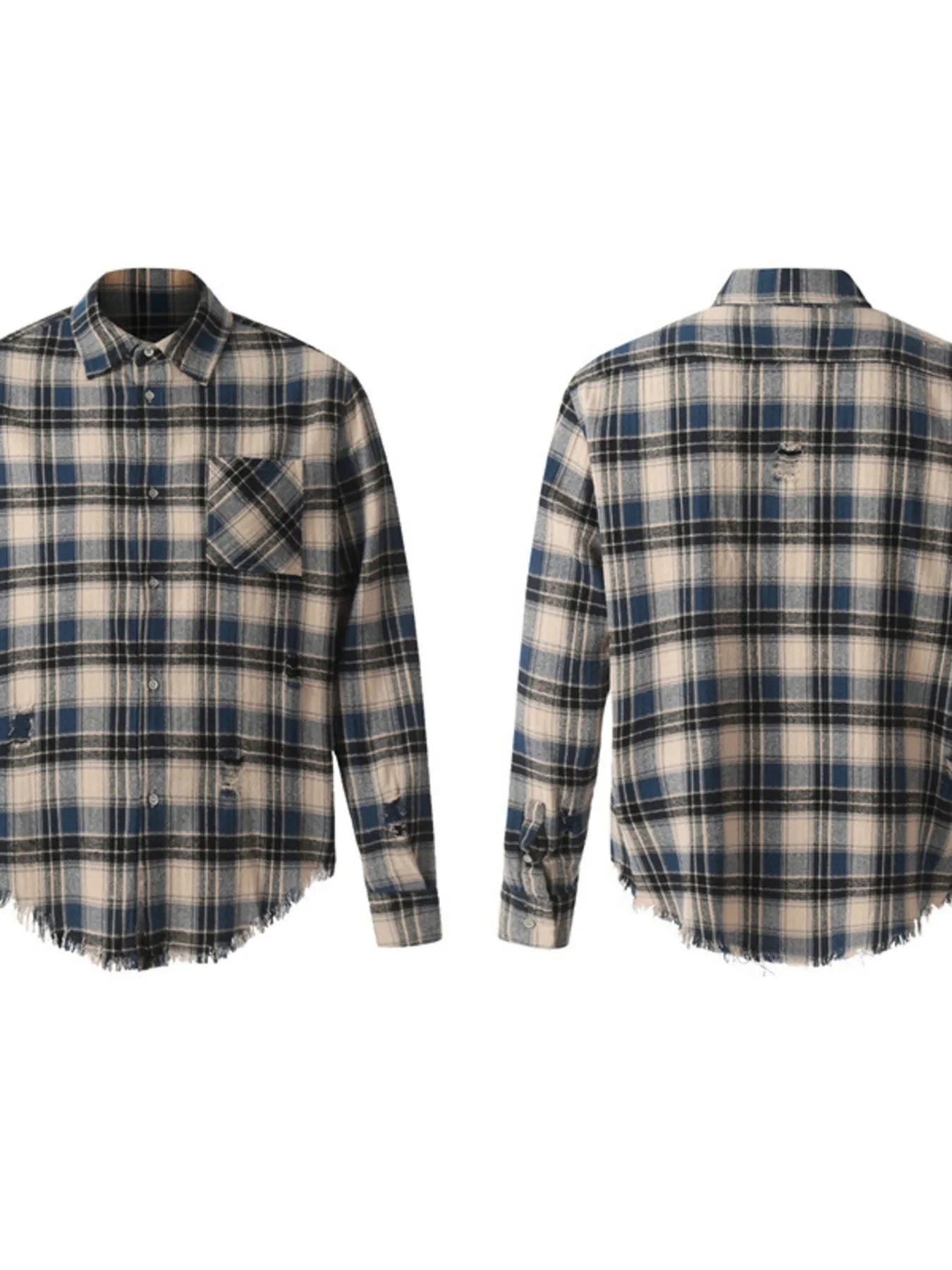 Men's Plaid Long Sleeve Shirt with Raw Hem
