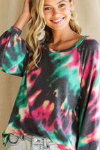 BiBi Tie Dye Print Terry Top with Puff Sleeves