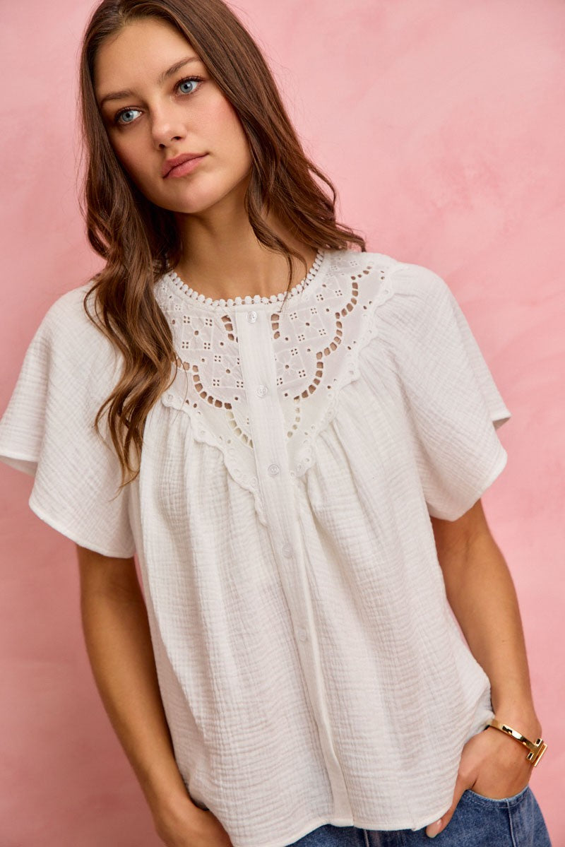 SO ME Cotton Gauze Lace Trim Flutter Sleeves Blouse Top WHITE