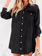Chest Pocket Raw Hem Denim Loose Shirt Dress Black