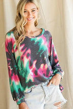 BiBi Tie Dye Print Terry Top with Puff Sleeves