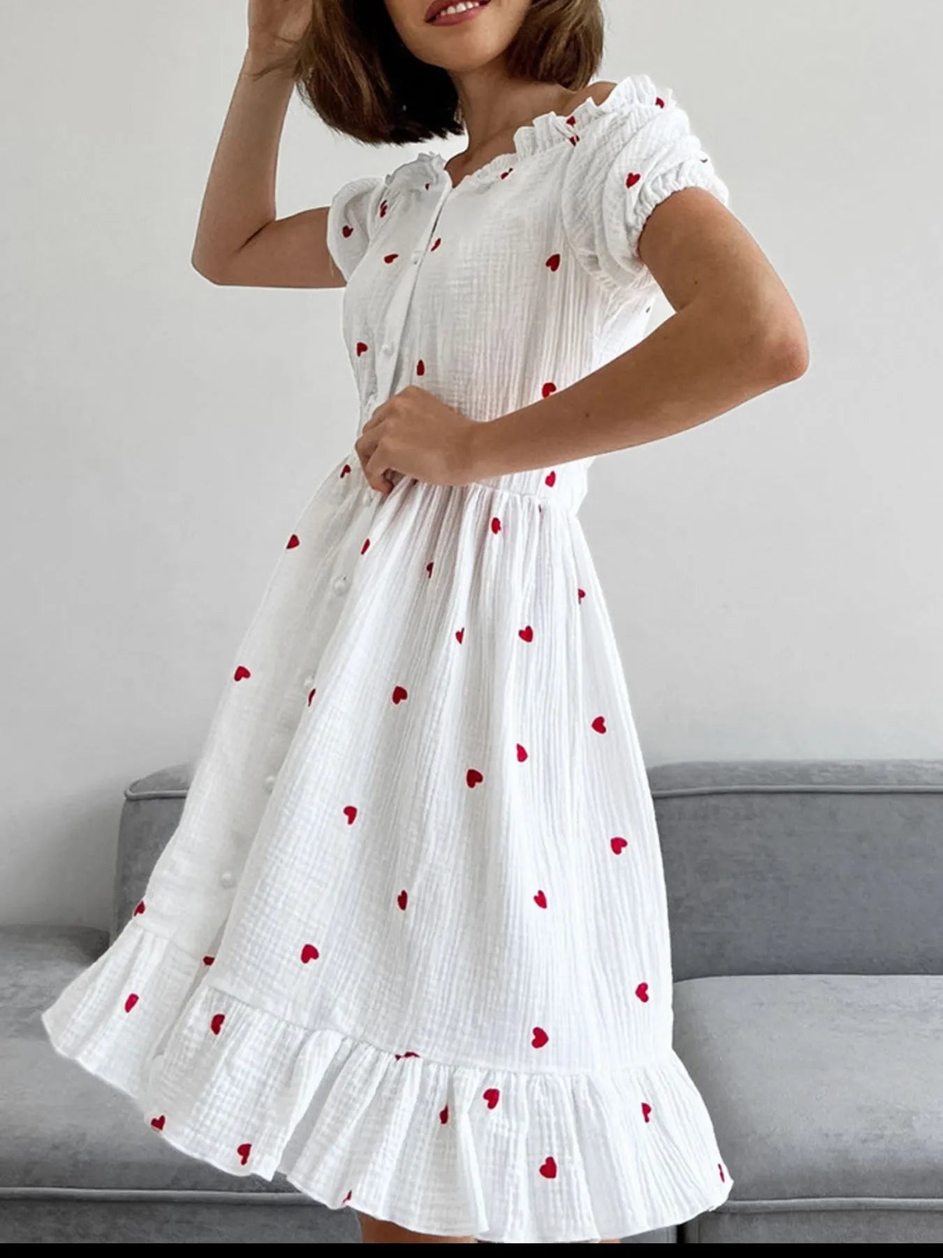 Heart Printed Off-Shoulder Ruffle Mini Dress