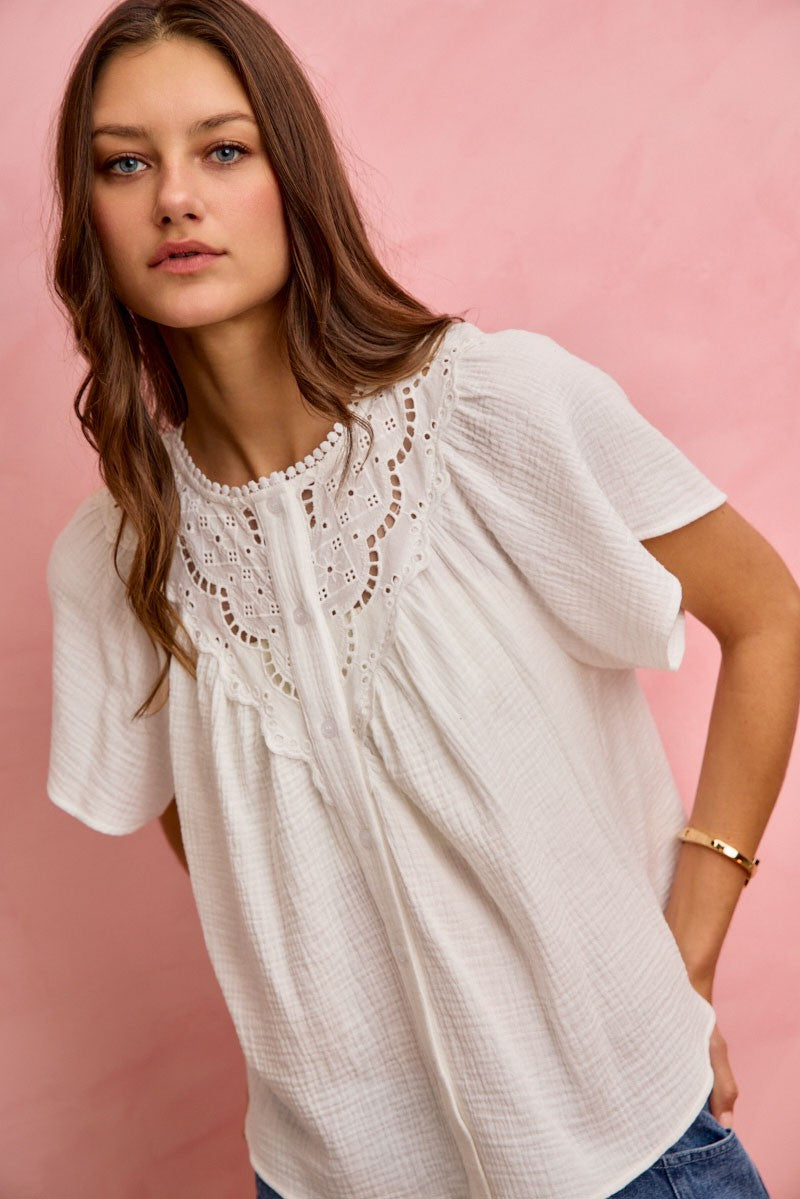 SO ME Cotton Gauze Lace Trim Flutter Sleeves Blouse Top