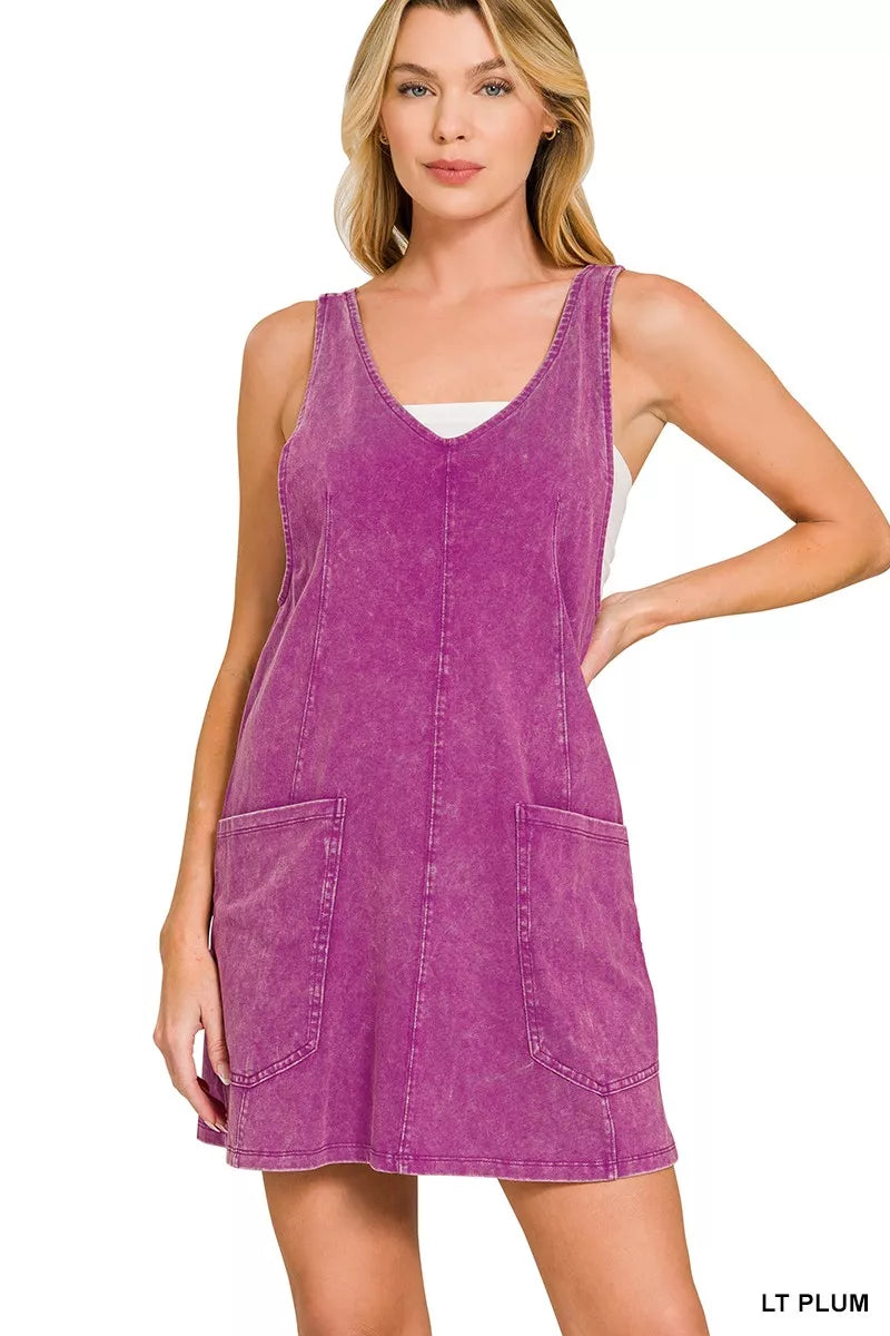 Zenana Acid Washed Overall Knit Mini Dress LT PLUM